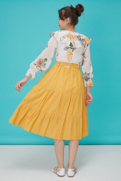 Sarı Gül Desenli Boncuk İşlemeli Kuşaklı Kız Elbise 15123