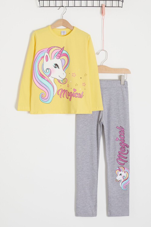 Sarı Simli Unicorn Baskılı Kız Çocuk Alt-Üst Takım 15041
