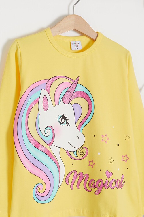 Sarı Simli Unicorn Baskılı Kız Çocuk Alt-Üst Takım 15041