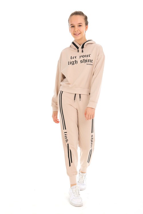 Şerit Çizgili Shine Baskılı Kapüşonlu Kız Eşofman Takımı 15003