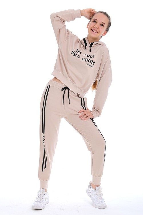 Şerit Çizgili Shine Baskılı Kapüşonlu Kız Eşofman Takımı 15003
