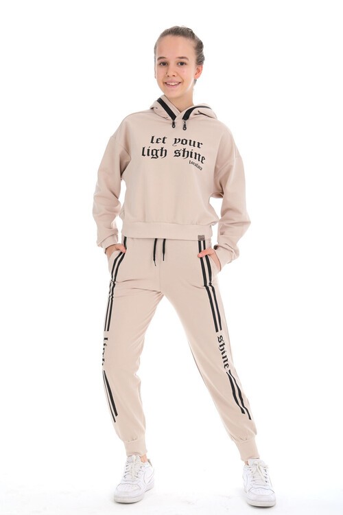 Şerit Çizgili Shine Baskılı Kapüşonlu Kız Eşofman Takımı 15003