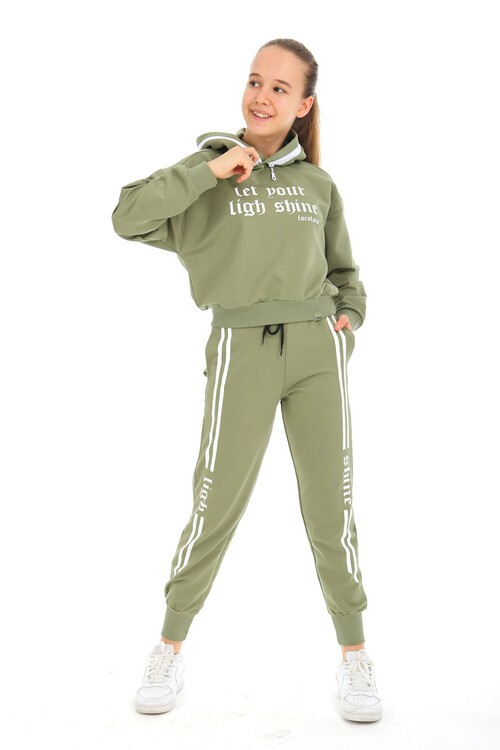 Şerit Çizgili Shine Baskılı Kapüşonlu Kız Eşofman Takımı 15003