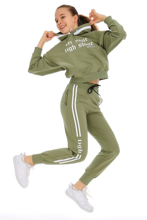 Şerit Çizgili Shine Baskılı Kapüşonlu Kız Eşofman Takımı 15003