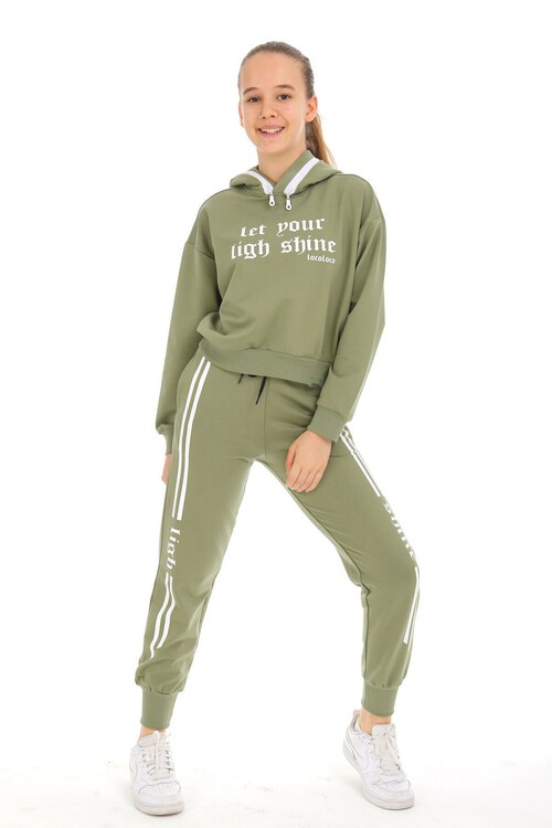 Şerit Çizgili Shine Baskılı Kapüşonlu Kız Eşofman Takımı 15003