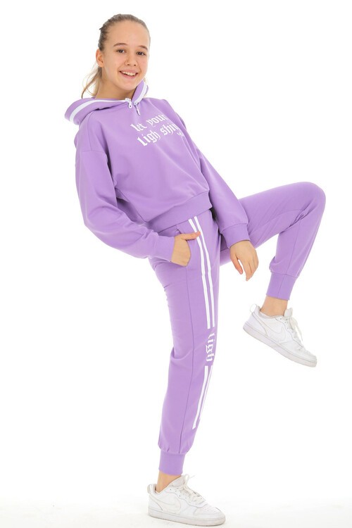 Şerit Çizgili Shine Baskılı Kapüşonlu Kız Eşofman Takımı 15003