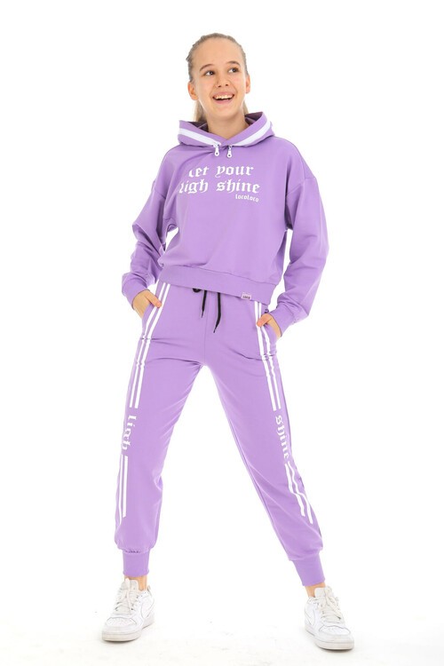 Şerit Çizgili Shine Baskılı Kapüşonlu Kız Eşofman Takımı 15003