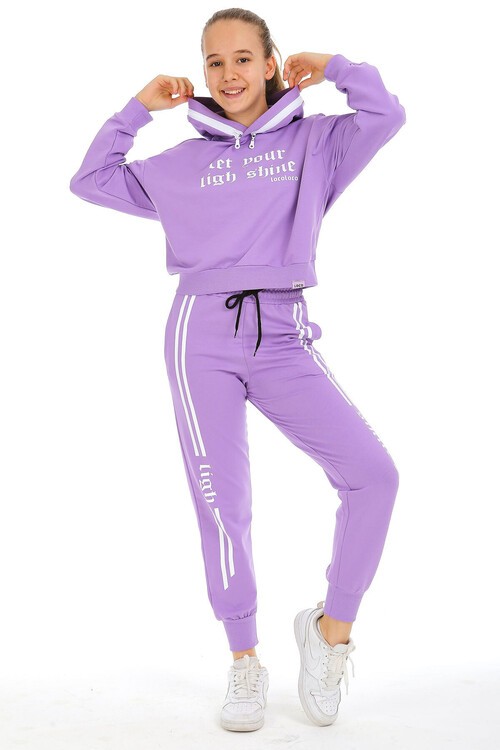 Şerit Çizgili Shine Baskılı Kapüşonlu Kız Eşofman Takımı 15003