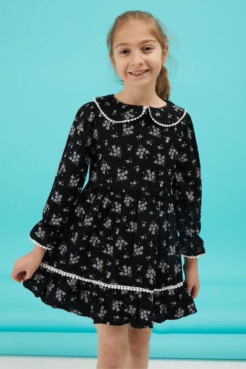 Siyah Çiçek Desenli Dantel Detaylı Kız Elbise 15173