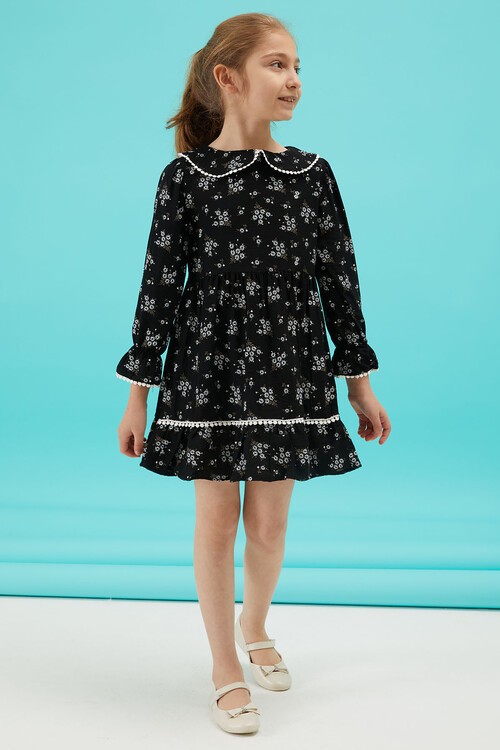 Siyah Çiçek Desenli Dantel Detaylı Kız Elbise 15173