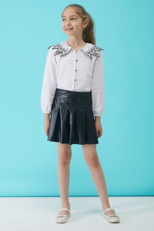 Siyah Dantel Yakalı Kız Etekli Bluz Takım 15102