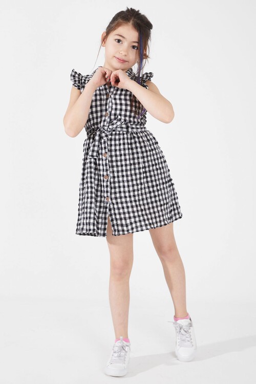 Siyah Kare Desenli Yakalı Kız Çocuk Elbise 15066