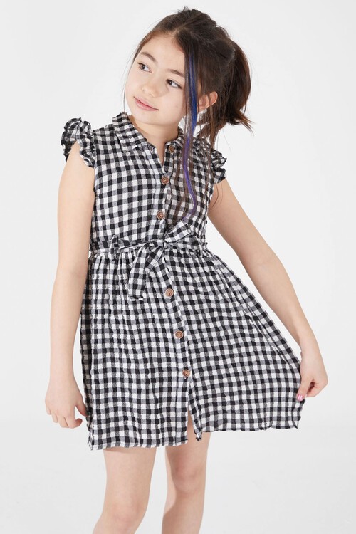 Siyah Kare Desenli Yakalı Kız Çocuk Elbise 15066