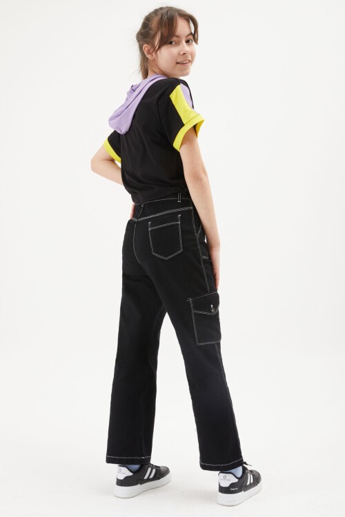 Siyah Kargo Cepli Bol Paça Kız Jean Pantolon 15249
