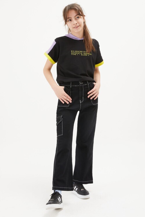 Siyah Kargo Cepli Bol Paça Kız Jean Pantolon 15249