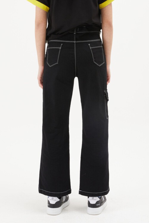 Siyah Kargo Cepli Bol Paça Kız Jean Pantolon 15249