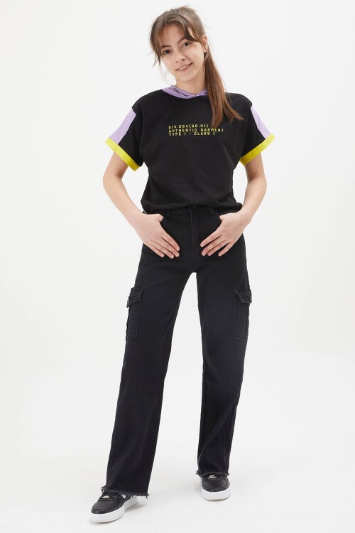 Siyah Kargo Cepli Yüksek Bel Kız Jean Pantolon 15247