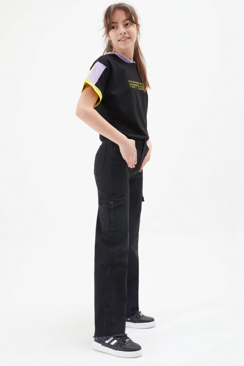 Siyah Kargo Cepli Yüksek Bel Kız Jean Pantolon 15247