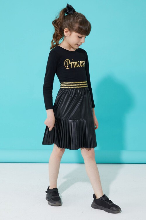 Siyah Prenses Baskılı Bluzlu Etekli Kız Takım 15335