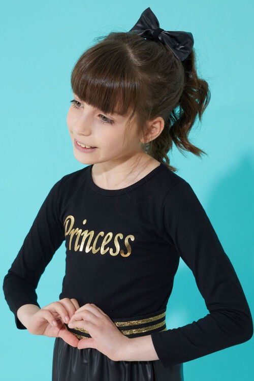 Siyah Prenses Baskılı Bluzlu Etekli Kız Takım 15335