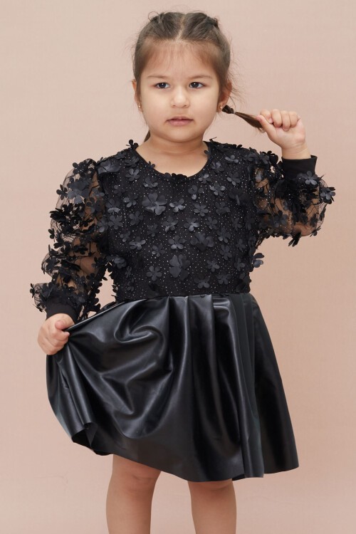 Siyah Tüllü Çiçek Desenli Kız Çocuk Deri Elbise 15035