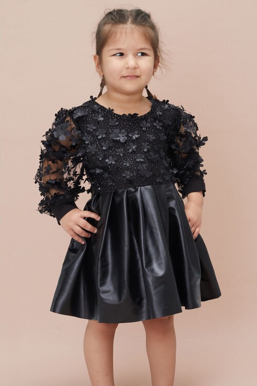 Siyah Tüllü Çiçek Desenli Kız Çocuk Deri Elbise 15035