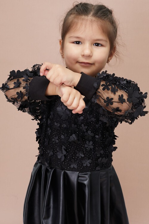 Siyah Tüllü Çiçek Desenli Kız Çocuk Deri Elbise 15035