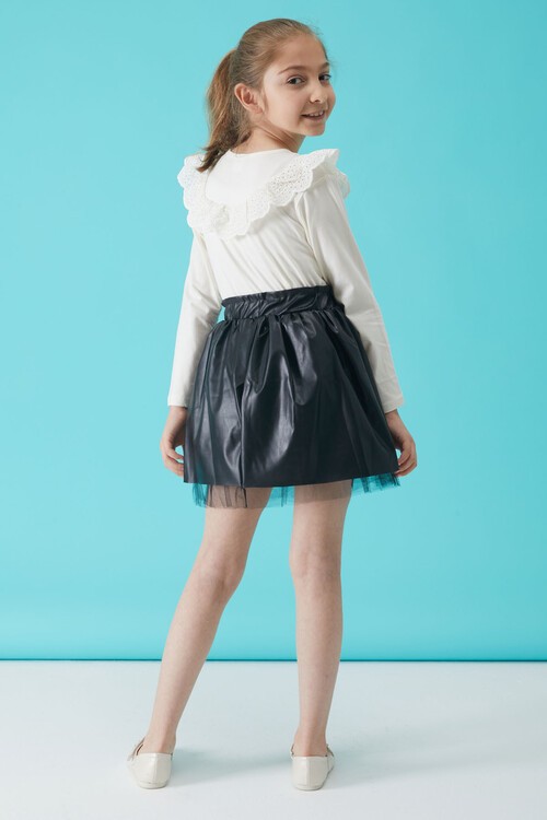 Siyah Tüllü Deri Etekli Bluzlu Kız Takım 15104