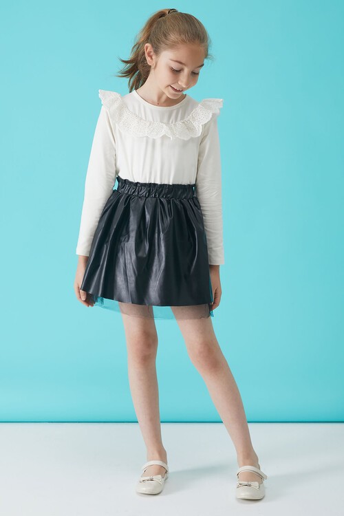 Siyah Tüllü Deri Etekli Bluzlu Kız Takım 15104