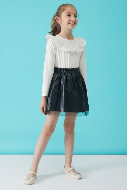 Siyah Tüllü Deri Etekli Bluzlu Kız Takım 15104