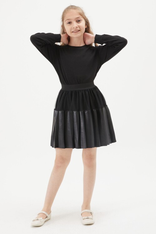 Siyah Tüllü Piliseli Kız Çocuk Deri Etek 15274