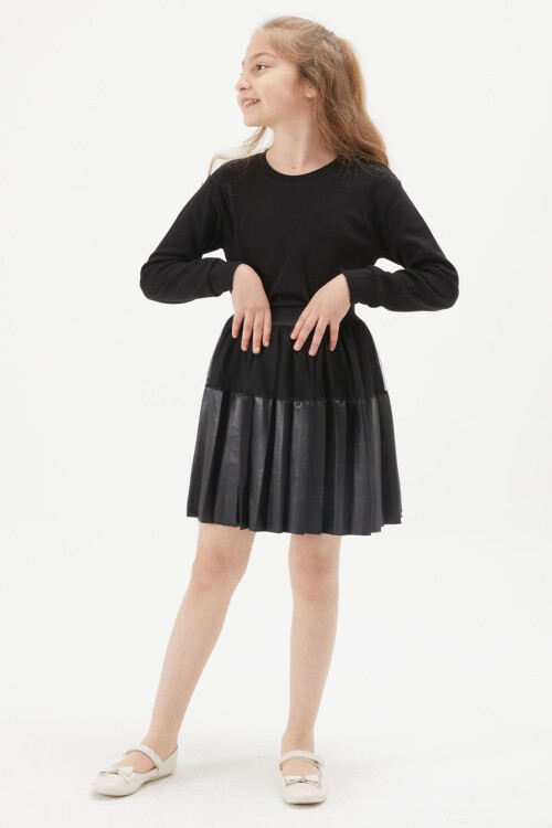 Siyah Tüllü Piliseli Kız Çocuk Deri Etek 15274