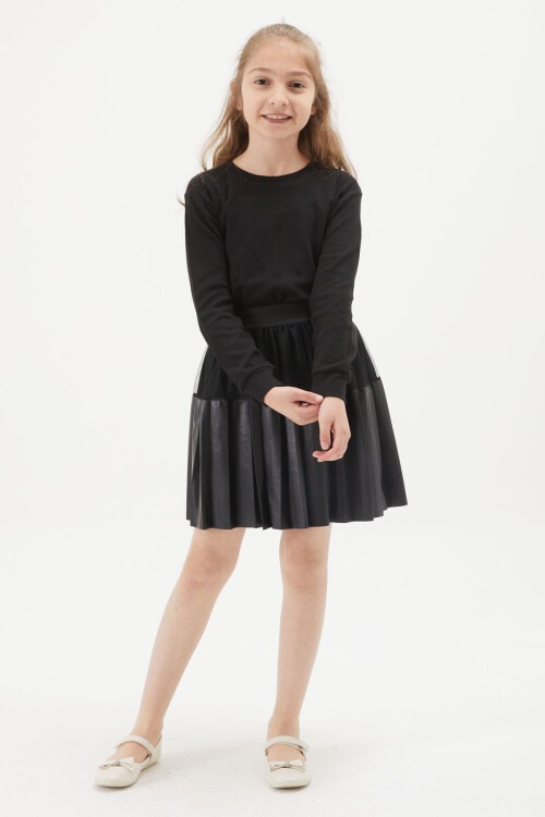 Siyah Tüllü Piliseli Kız Çocuk Deri Etek 15274