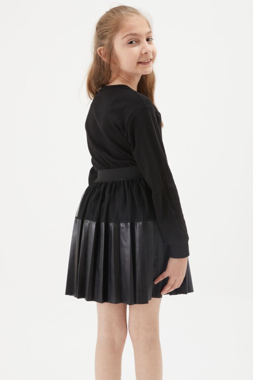 Siyah Tüllü Piliseli Kız Çocuk Deri Etek 15274