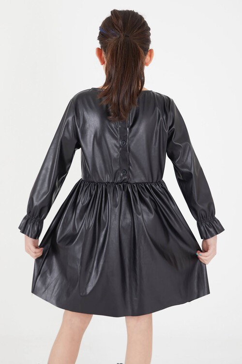 Siyah Uzun Kollu Düğmeli Kız Çocuk Deri Elbise  15034