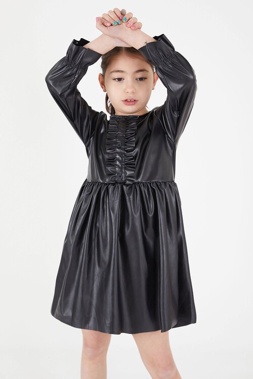 Siyah Uzun Kollu Düğmeli Kız Çocuk Deri Elbise  15034