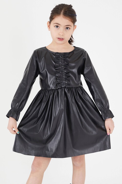 Siyah Uzun Kollu Düğmeli Kız Çocuk Deri Elbise  15034