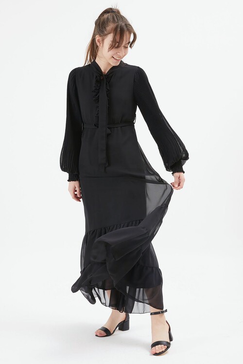 Siyah Yakası Kuşaklı Kız Şifon Elbise 15203