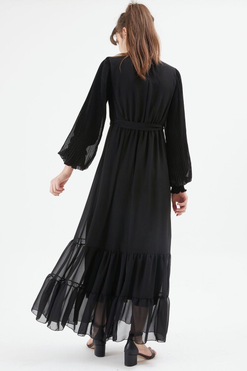 Siyah Yakası Kuşaklı Kız Şifon Elbise 15203