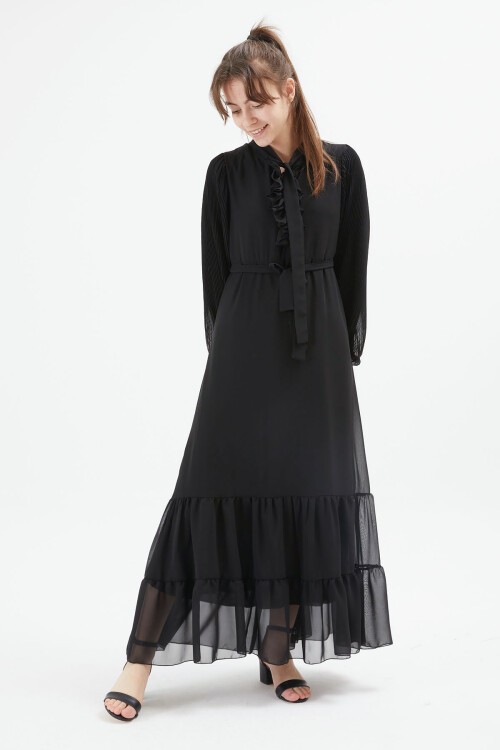 Siyah Yakası Kuşaklı Kız Şifon Elbise 15203