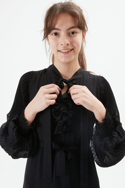 Siyah Yakası Kuşaklı Kız Şifon Elbise 15203