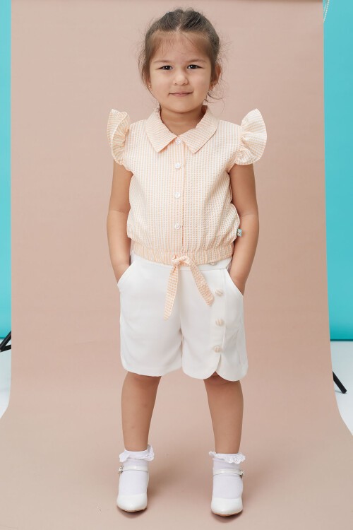 Somon Çizgili Gömlekli Şortlu Kız Takım 15115