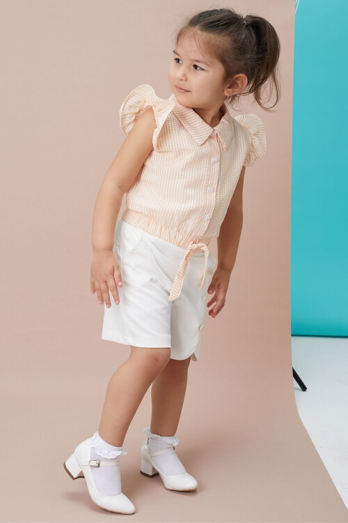 Somon Çizgili Gömlekli Şortlu Kız Takım 15115