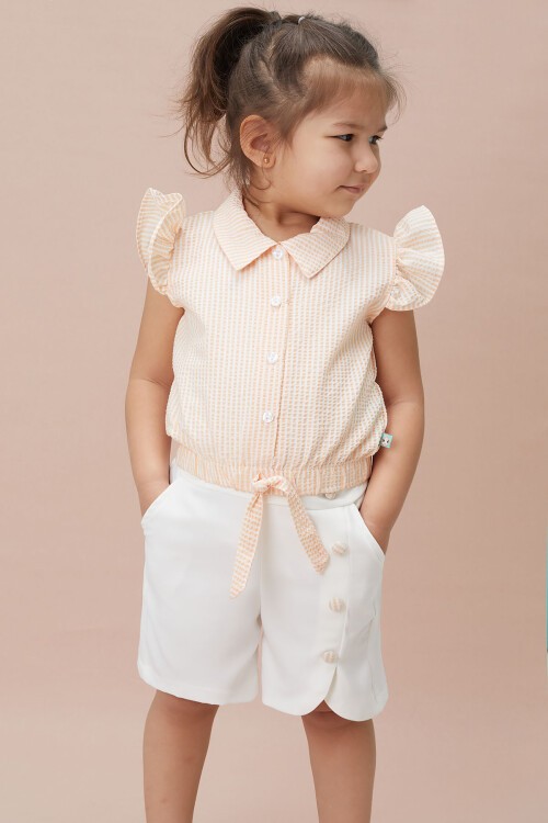 Somon Çizgili Gömlekli Şortlu Kız Takım 15115