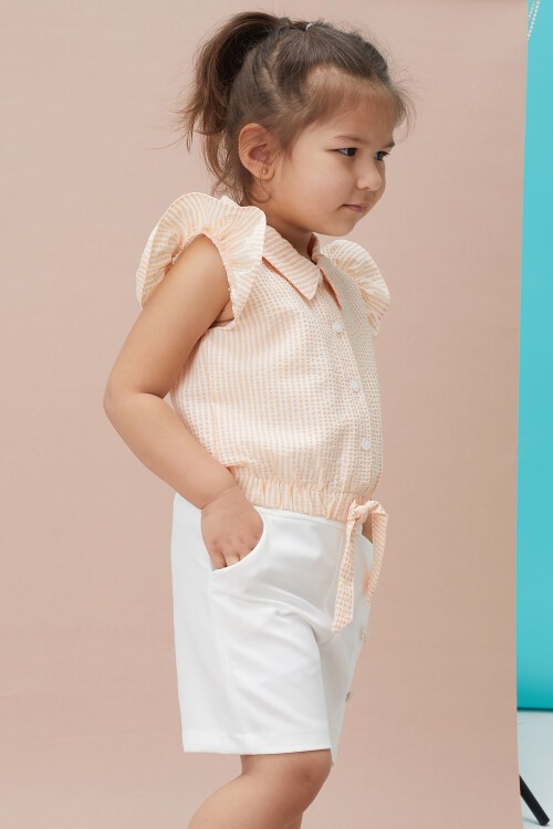 Somon Çizgili Gömlekli Şortlu Kız Takım 15115