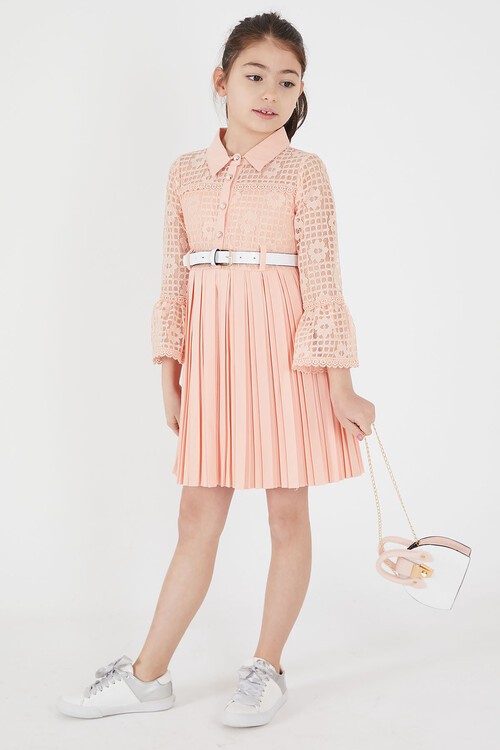 Somon Dantel İşlemeli Pileli Çanta ve Kemerli Kız Elbise 15113