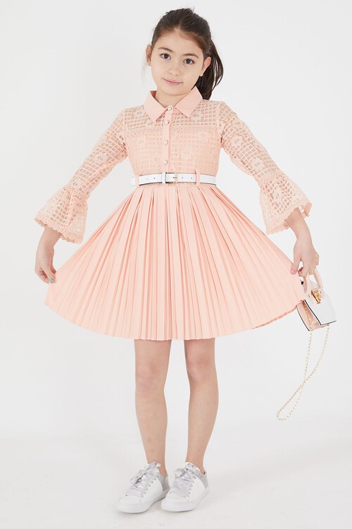 Somon Dantel İşlemeli Pileli Çanta ve Kemerli Kız Elbise 15113