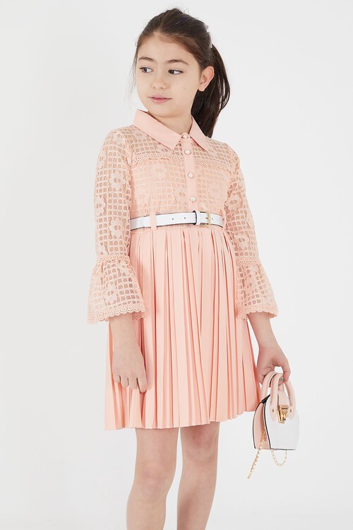 Somon Dantel İşlemeli Pileli Çanta ve Kemerli Kız Elbise 15113