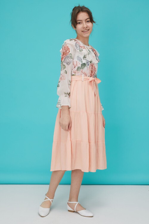 Somon Gül Desenli Boncuk İşlemeli Kuşaklı Kız Elbise 15126