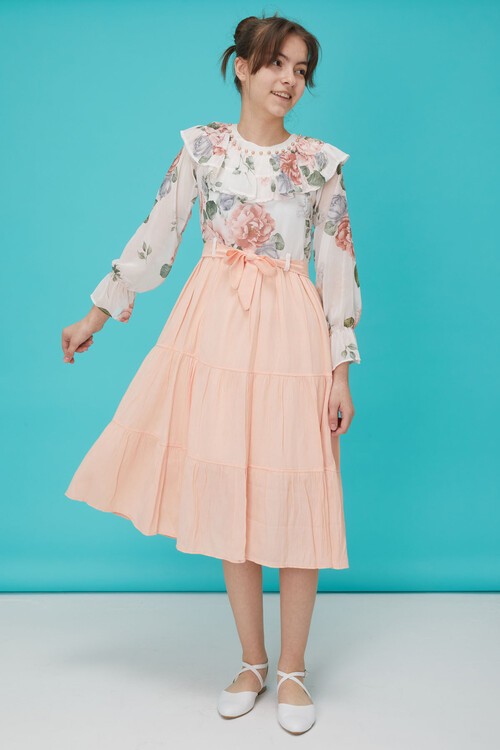 Somon Gül Desenli Boncuk İşlemeli Kuşaklı Kız Elbise 15126